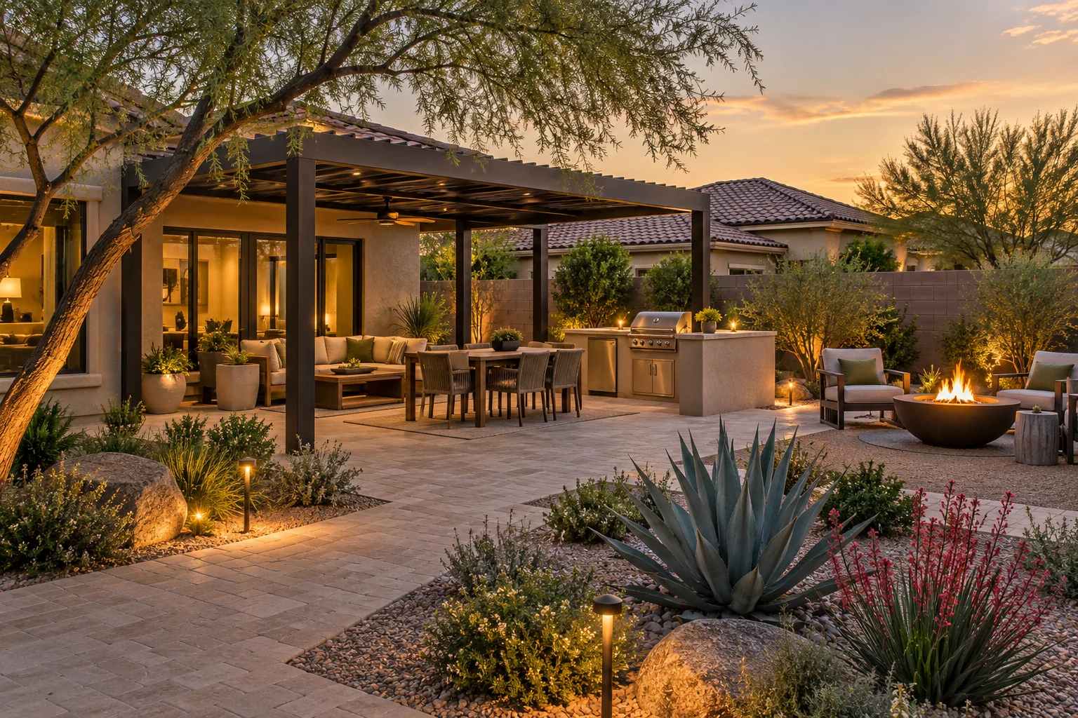 Arizona backyard concept with a shaded pergola, light paver patio, outdoor kitchen, desert plants, and a separate fire feature