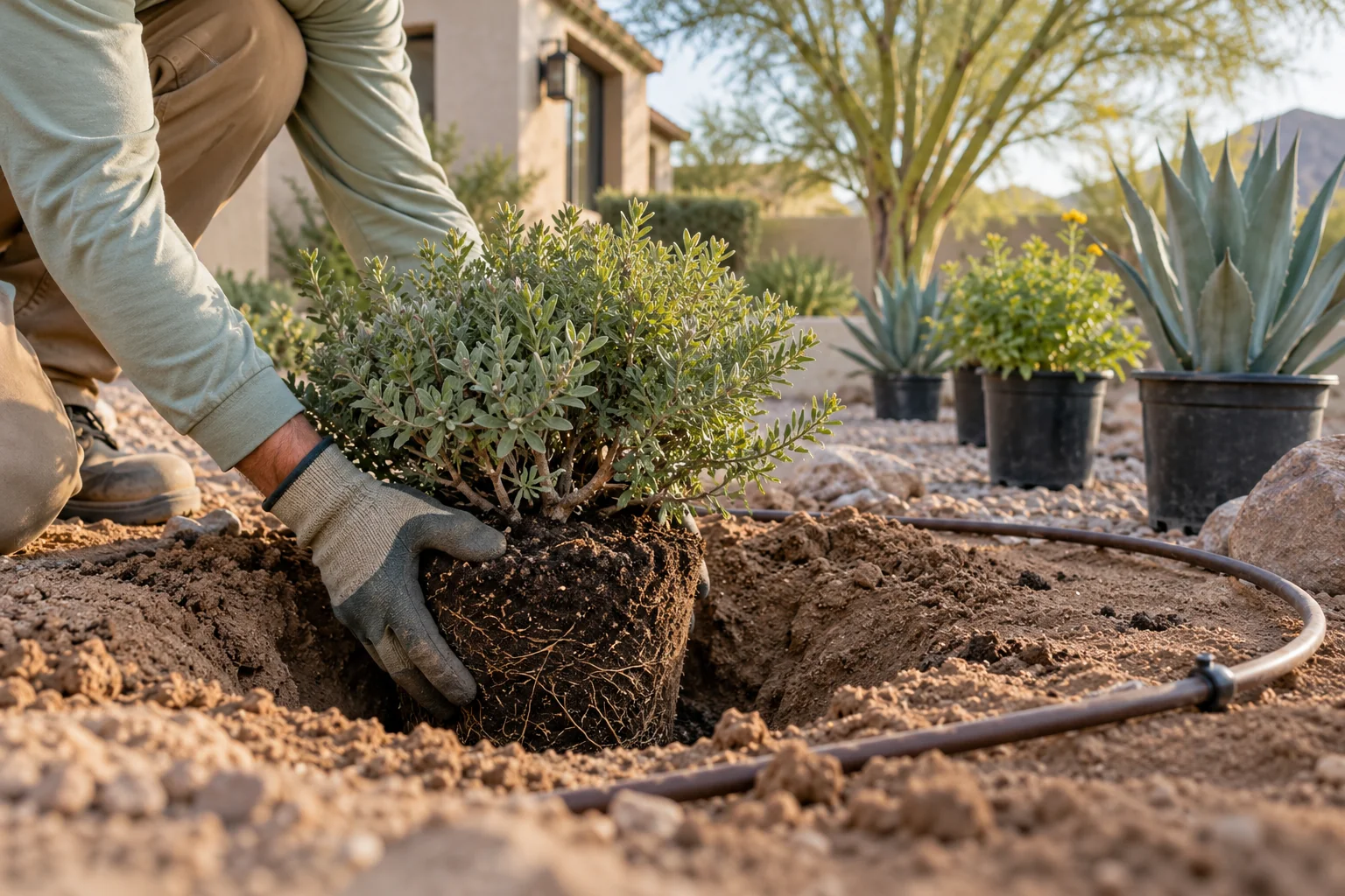 Gloved hands setting a desert-adapted shrub root ball into a wide planting hole in an Arizona garden