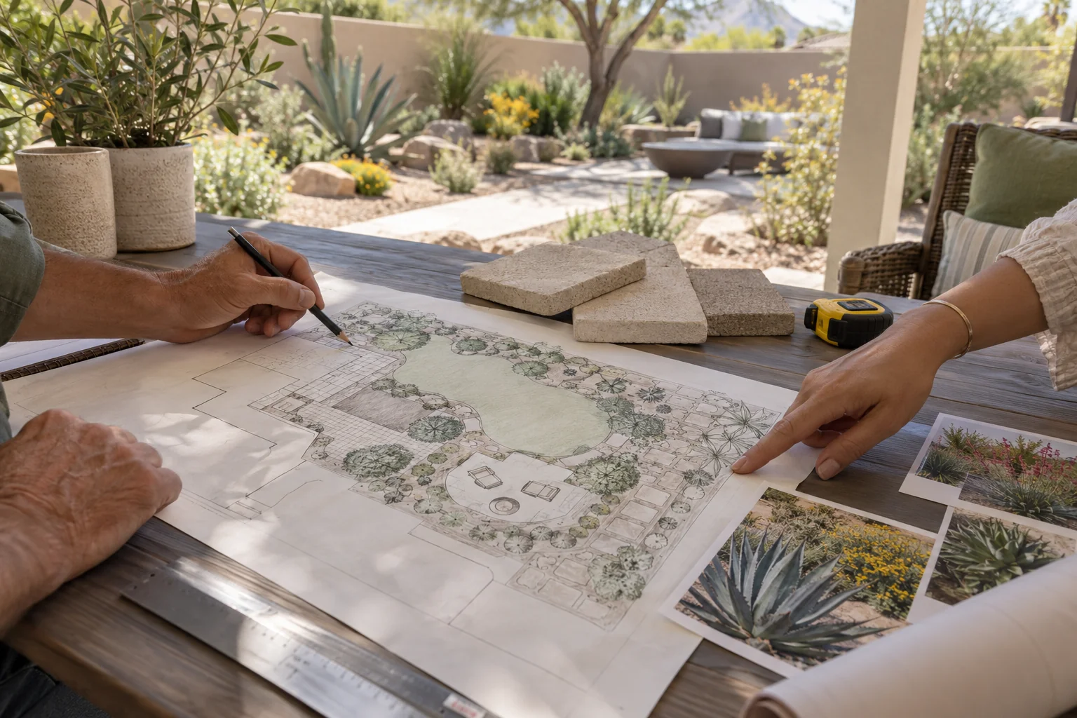 Hands reviewing a backyard landscape plan alongside pale paving samples and measuring tools