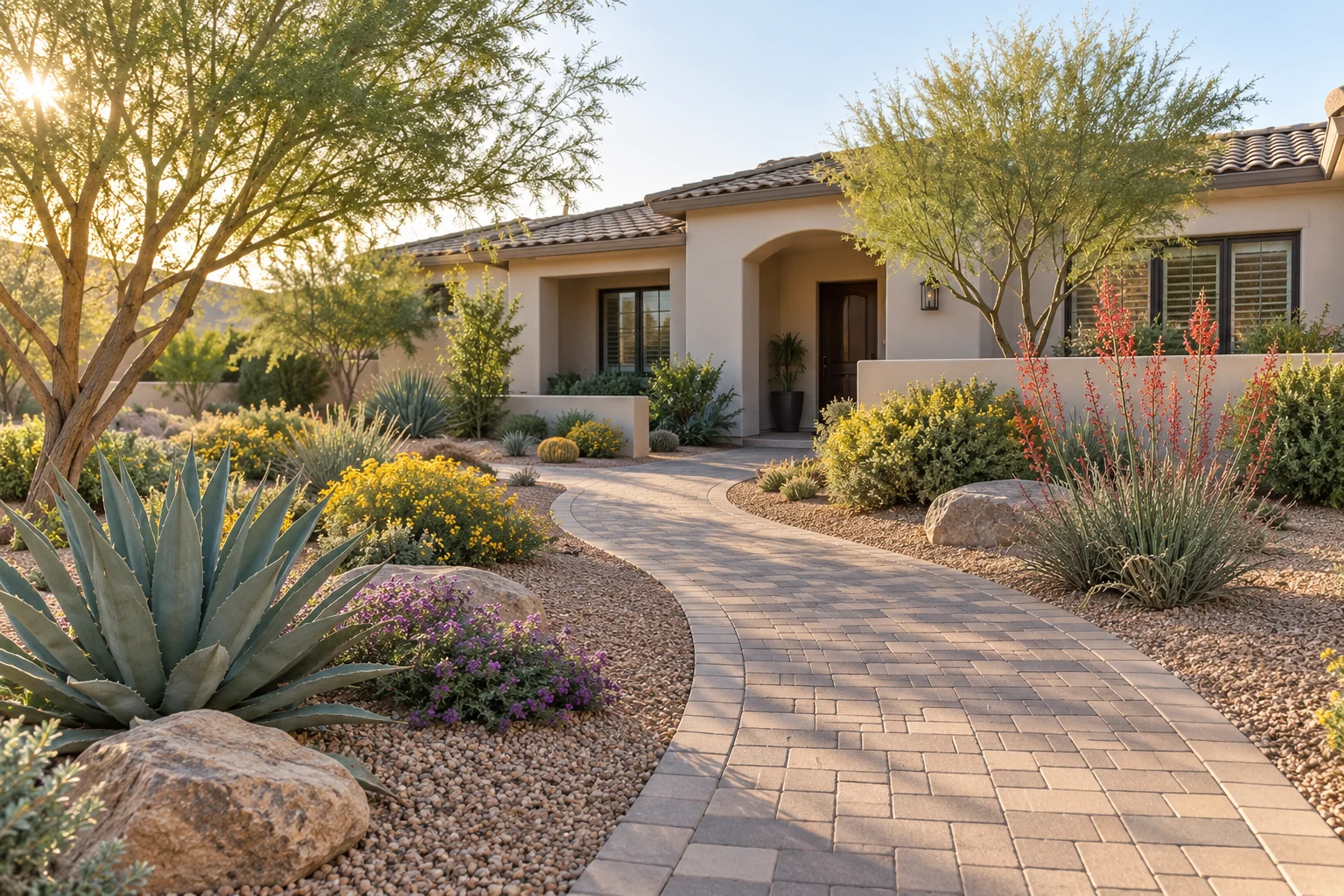 Low-desert Arizona landscape concept with a pale paver walkway, desert-adapted trees, and water-wise planting beds in warm autumn light
