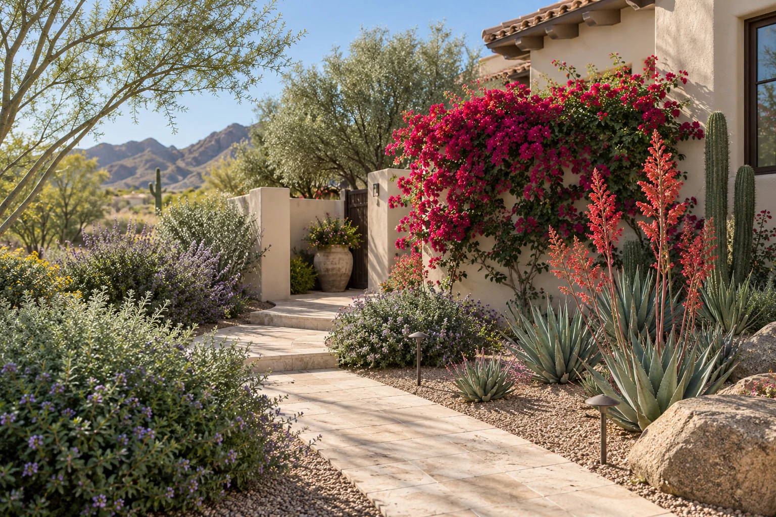 Spring Arizona courtyard with flowering bougainvillea, red yucca, agave, and desert shrubs