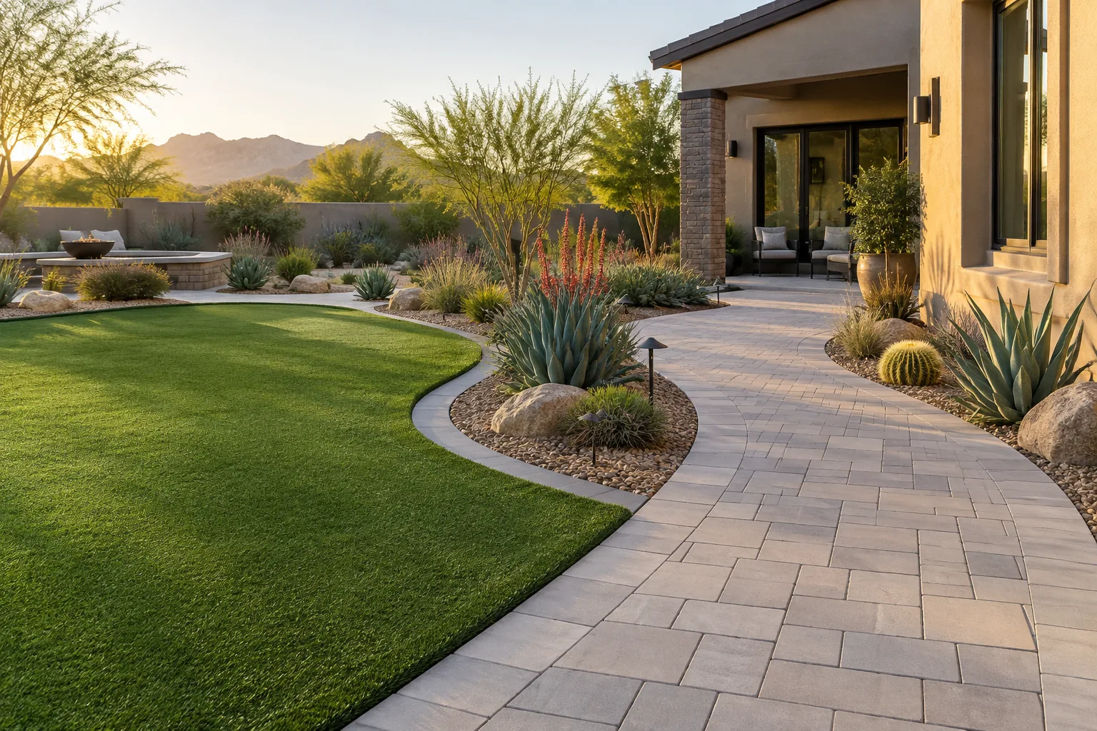 Curved light-gray paver walkway beside defined artificial turf and desert planting beds at an Arizona home