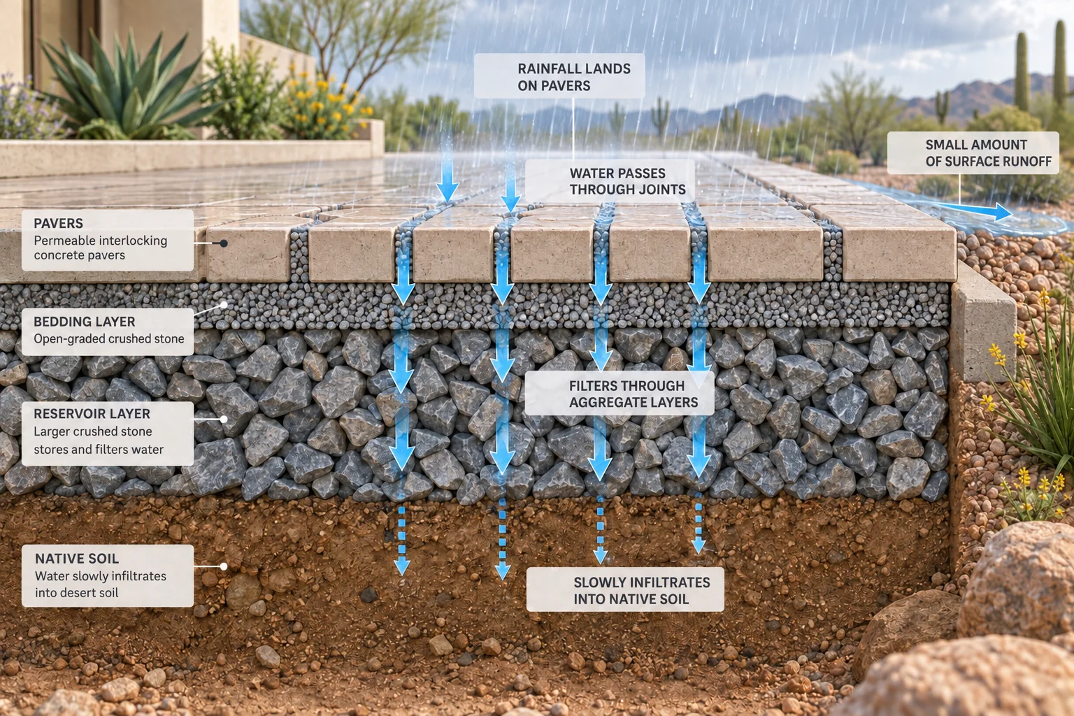 Cutaway infographic showing rain filtering through permeable paver joints, aggregate layers, and native desert soil