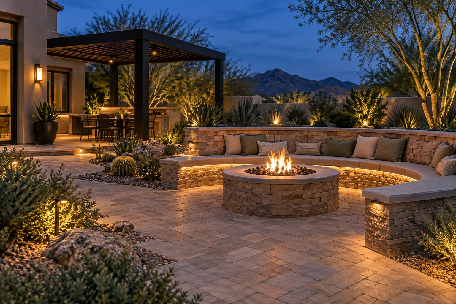 Arizona backyard gathering area with a masonry seating wall, gas fire pit, pergola, and warm landscape lighting